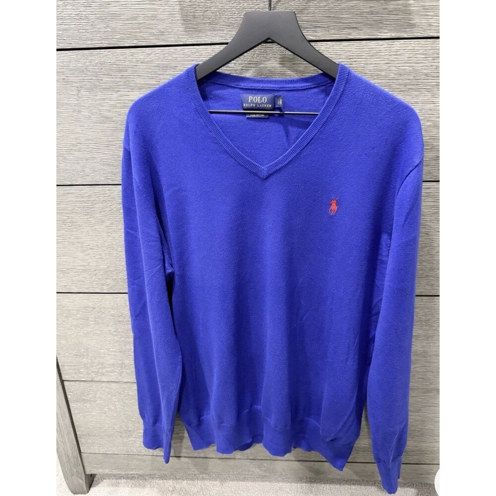 Polo Ralph Lauren Men's Blue Pullover Sweater Large 100% Pima Cotton V-Neck